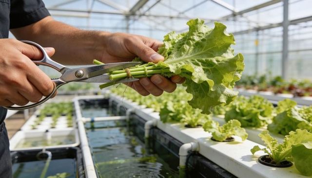 Harvesting lettuce in hydroponic greenhouse using shears and net pots for urban farming