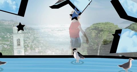 Ghostly woman projected over coastal collage with gulls, black star cutouts and horizon