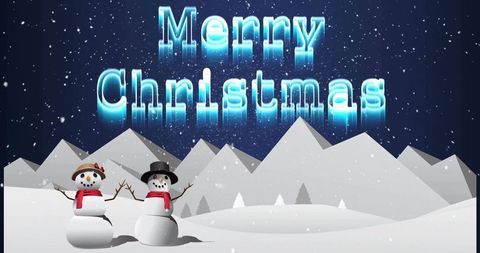 Snowmen couple posing in snowy night wearing hats and red scarves with neon merry christmas