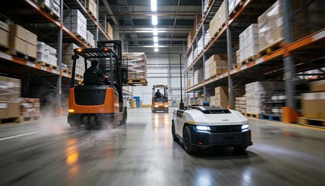 Autonomous mobile robot navigating busy warehouse aisle alongside active forklifts