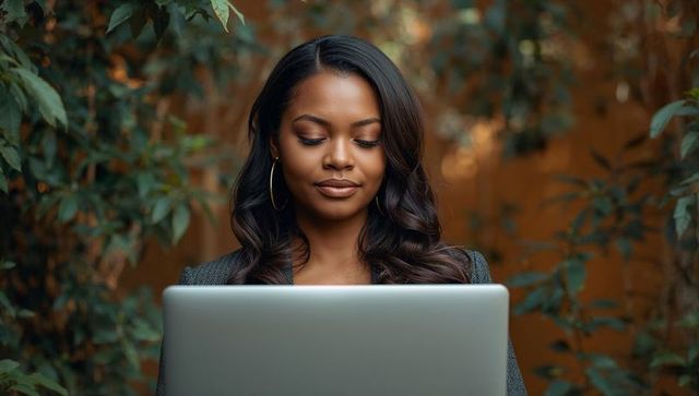 Focused professional woman typing on laptop in garden wearing blazer and hoop earrings