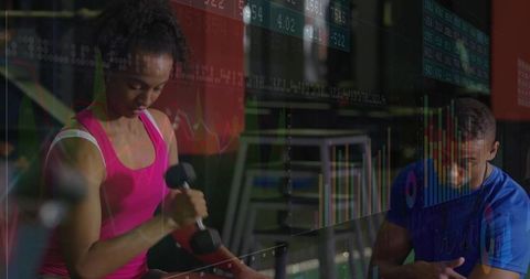 Woman Lifting Dumbbell with Overlayed Financial Chart