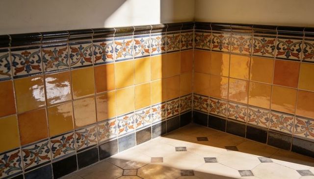 Sunlit mediterranean ceramic tile corner showing floral border and geometric floor