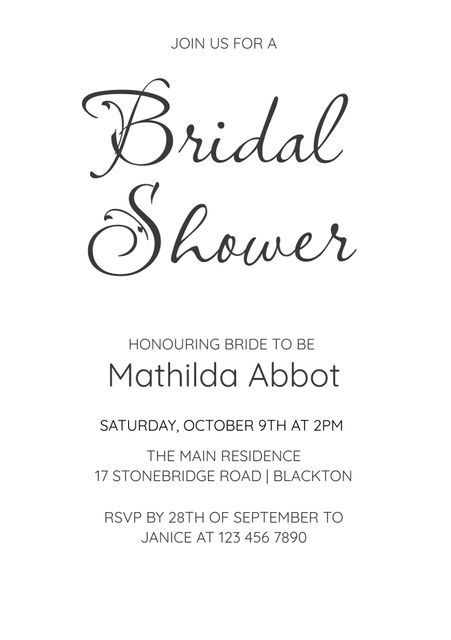 This elegant bridal shower invitation features classic typography and a minimalistic black and white design. Perfect for celebrating the bride-to-be in a sophisticated setting. Ideal for printing or digital invitations. Use this invitation to add an element of elegance and simplicity to your bridal shower plans.