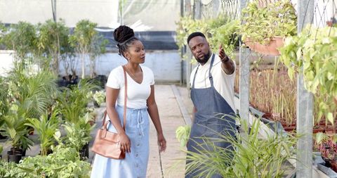 Nursery Worker Assists Customer in Plant Selection at Greenhouse
