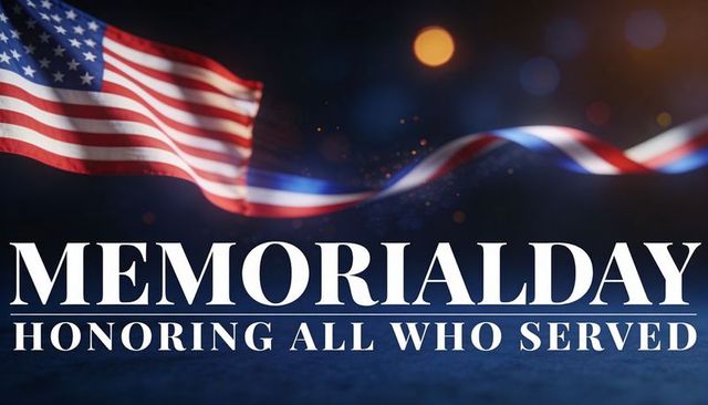 Memorial day tribute banner with american flag red white blue ribbon ceremonial bokeh
