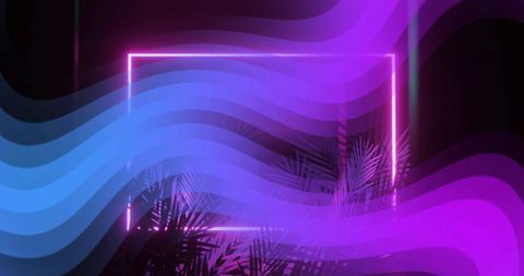 Neon abstract shapes and tropical leaves on black background
