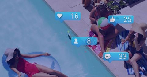 Women Floats Poolside with Social Media Icons Symbolizing Online Engagement