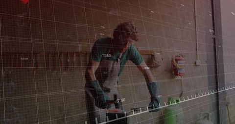 Craftsman Sanding Wood with Modern Technological Grid Overlay