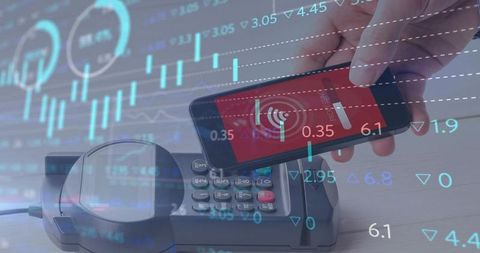 Digital Payment with Smartphone at Contactless Terminal on Financial Data Background