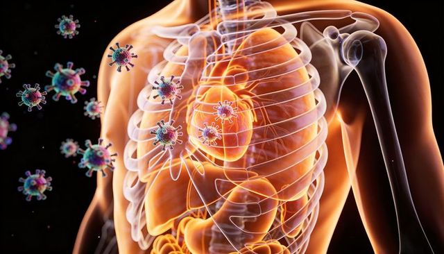 Transparent torso showing glowing heart and lungs surrounded by infectious viral particles