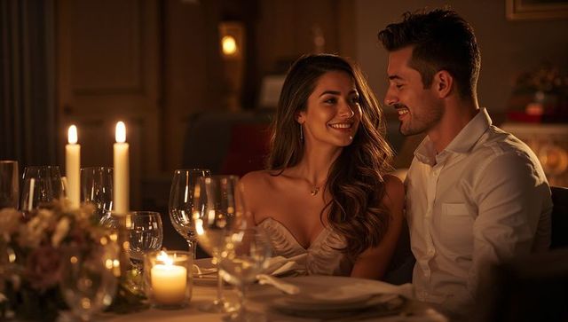 Couple Sharing Romantic Candlelit Dinner in Elegant Dining Ambiance