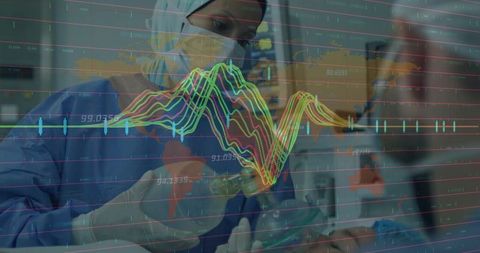 Healthcare professional managing equipment with digital data overlay