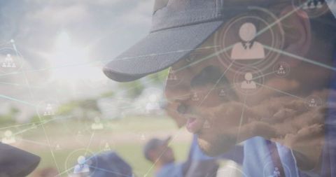 Coach Motivating Youth Team with Strategic Network Overlay Background