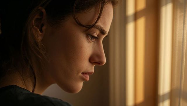 Gazing young woman by window at golden hour, contemplative solitude portrait with warm light