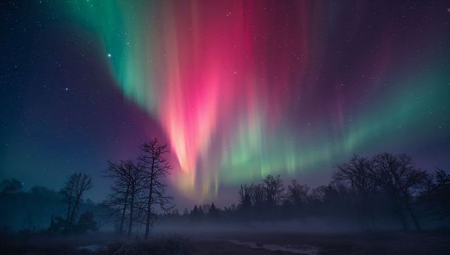 Magical Northern Lights Above Misty Forest at Night