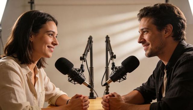 Smiling co-hosts recording conversational podcast at tabletop studio, warm interview