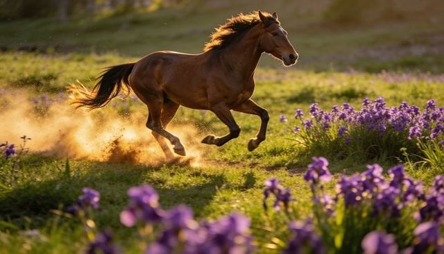 Brown horse galloping through iris meadow at golden hour, dust flying and mane flowing