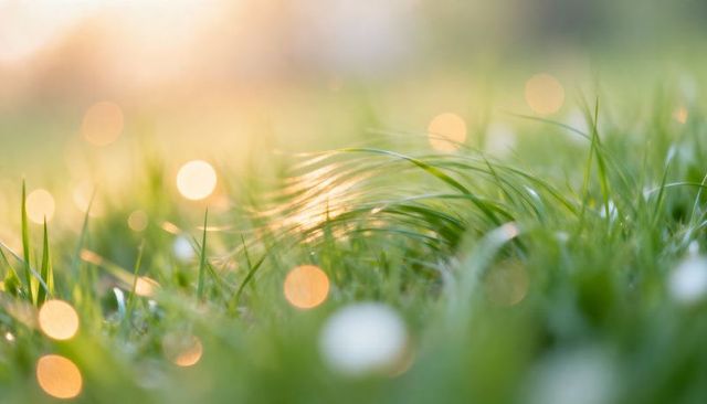Glistening dew on meadow grass blades, golden sunrise bokeh and soft morning light