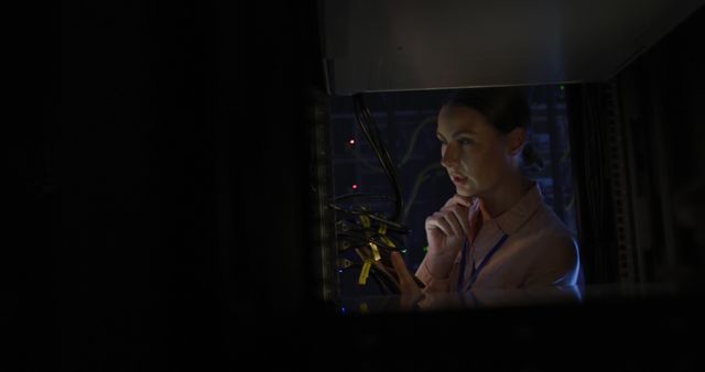 Image of a female IT technician focusing on network cables in a dimly lit server room. She is engaged in data management and cybersecurity work. This image is ideal for articles about information technology careers, infrastructure, and professional roles in cybersecurity.