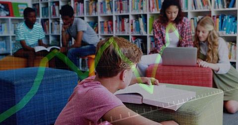 Student reading textbook while peers collaborating in library with data graph overlay