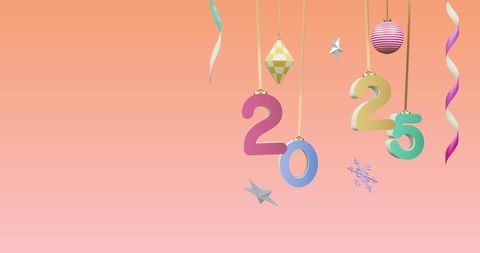 Hanging 2025 Numbers with Ornaments on Pink Background