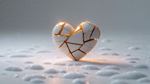 Broken heart sculpture with golden repairs on reflective surface, forgiveness concept