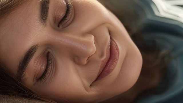 Serene woman smiling with closed eyes resting on beige pillow under teal blanket