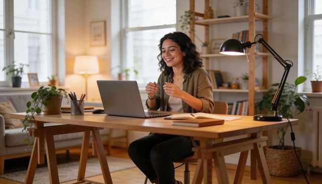 Young woman working remotely at home office, gesturing during video call with laptop