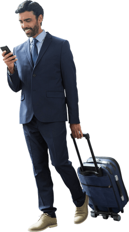 Transparent Businessman Traveling with Suitcase and Phone