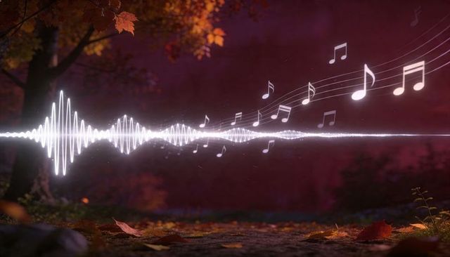 Glowing audio waveform spanning autumn woodland floor, sending floating musical notes