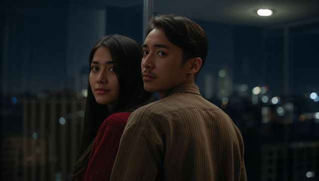 Young couple gazing together in moody city apartment at night with skyline bokeh