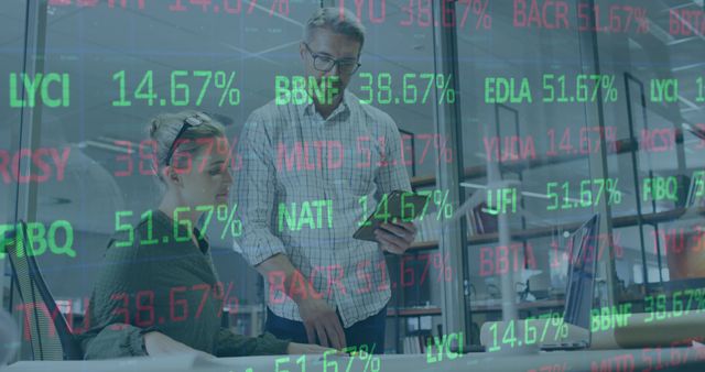 Business Colleagues Analyzing Data with Stock Market Ticker Overlay - Download Free Stock Images Pikwizard.com