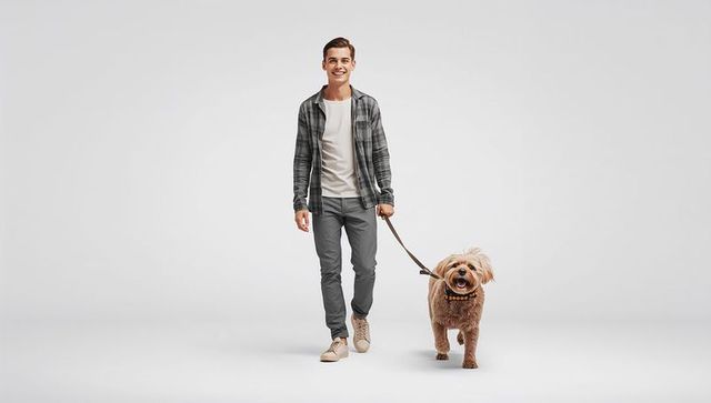 Young man walking happy small dog on leash smiling in casual outfit on gray background