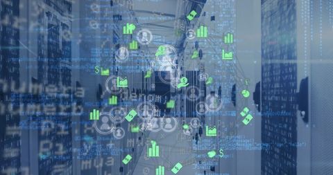 Global Finance Icons Mixed with Digital Data Overlays in Server Room - Download Free Stock Images Pikwizard.com