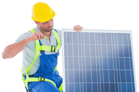 technician installing solar panel wearing hard hat on transparent background - Download Free Stock Videos Pikwizard.com