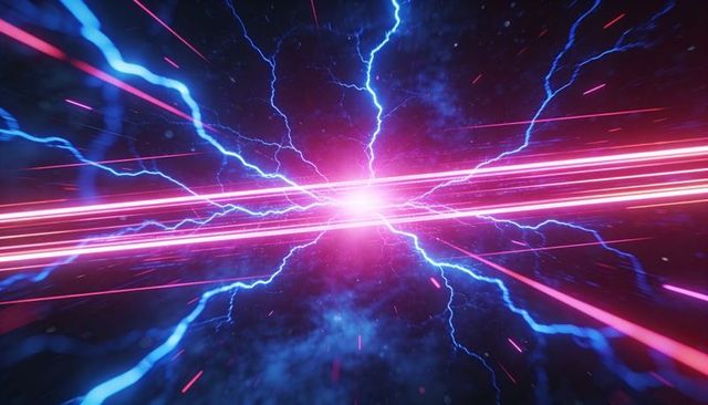 Neon energy core projecting magenta-white beams across cosmic plasma with blue arcs