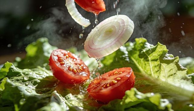 Crisp lettuce with halved tomatoes and floating onion rings splashing water droplets