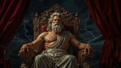 Ancient God on Throne with Storm and Lightning in Regal Setting