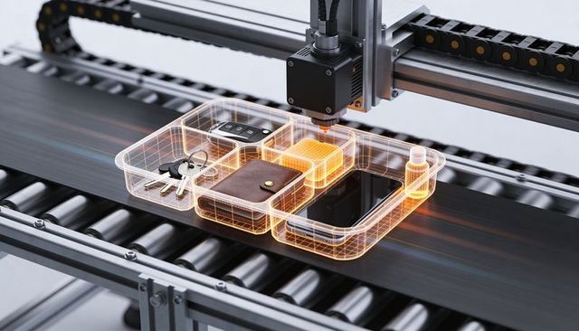 Robotic gantry scanning holographic compartment tray on conveyor with wallet phone keys