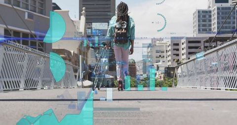 Urban Commuter Walking with Bicycle and Digital Overlay