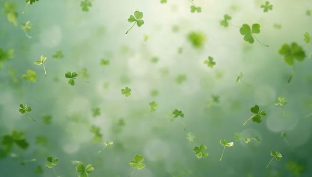Drifting shamrocks and four-leaf clovers floating in soft green bokeh