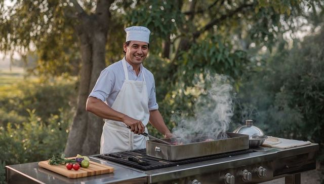 Smiling chef grilling steak outdoors at park barbecue with stainless grill and herbs