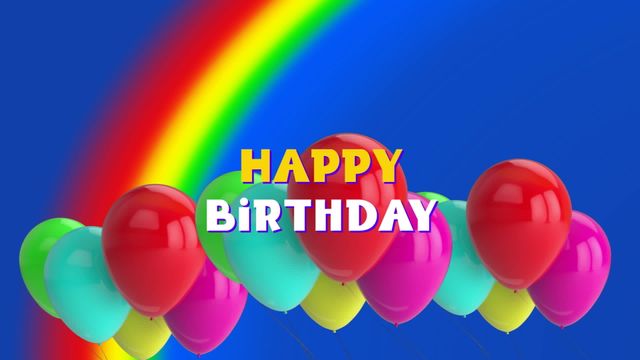 This vibrant scene with colorful balloons and a rainbow over a blue background is perfect for birthday party invitations, cheerful social media posts, celebratory greeting cards, or festive decorations. The joyful tone and bright colors make it suitable for both children's and adults' birthday parties.