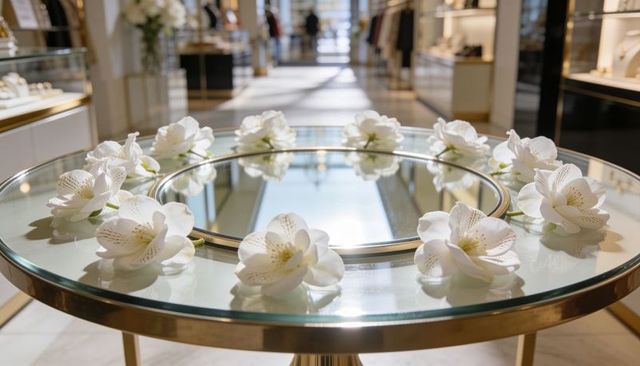 Glass table with mirrored center and camellia flower ring in luxury boutique interior