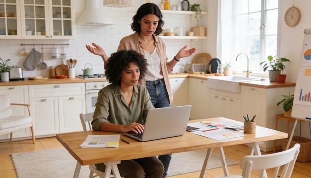 Sunlit kitchen coworking: Two women collaborating on laptop and charts for remote work