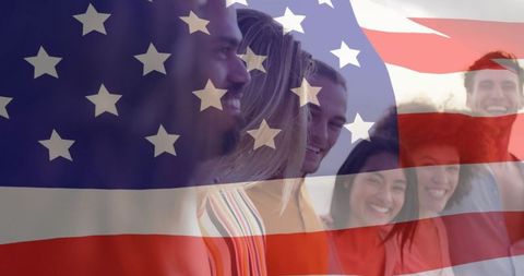Diverse Friends Celebrating American Unity with Flag Overlay