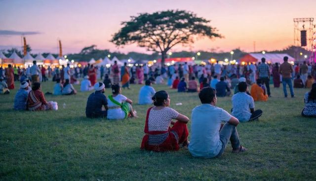 Indian couple sitting on grass watching evening festival at sunset with lanterns and tents