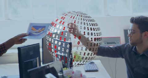 Global data sphere with binary code over business team
