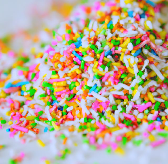 Close up of multiple colorful sweet sprinkles over blurred background. Sweets, colour and decorations concept.